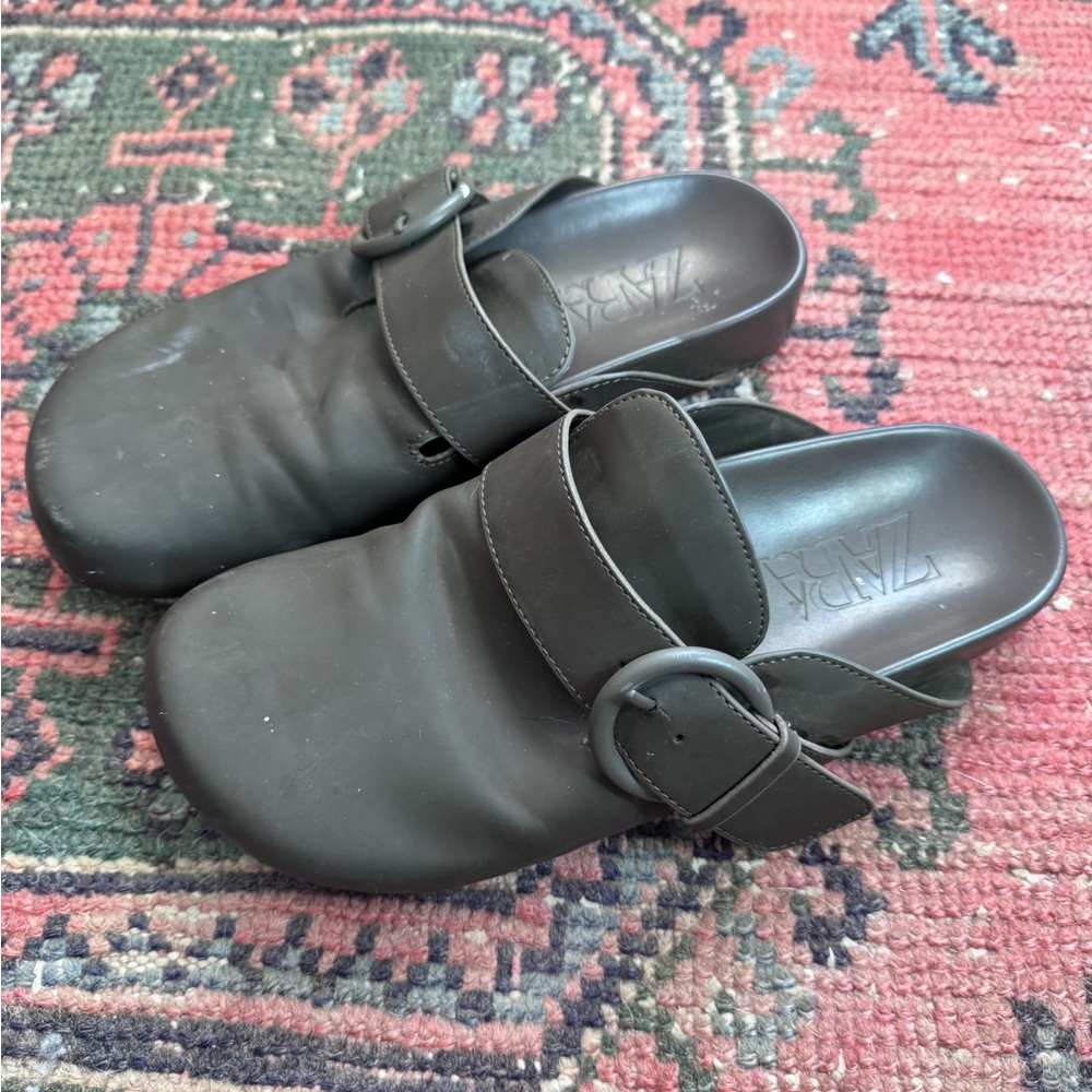 Zara Brown Rubber Buckle Clog Slide Mules. Size 38